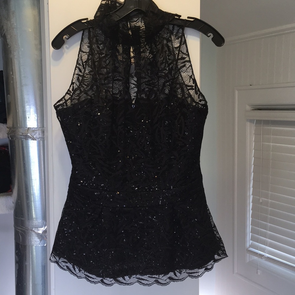Badgley Mischka black lace & sequin peplum halter